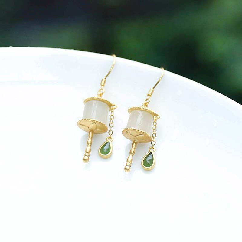 Pendientes colgantes de la suerte con rueda de oración de jade de plata de ley 925 con Buddha Stones