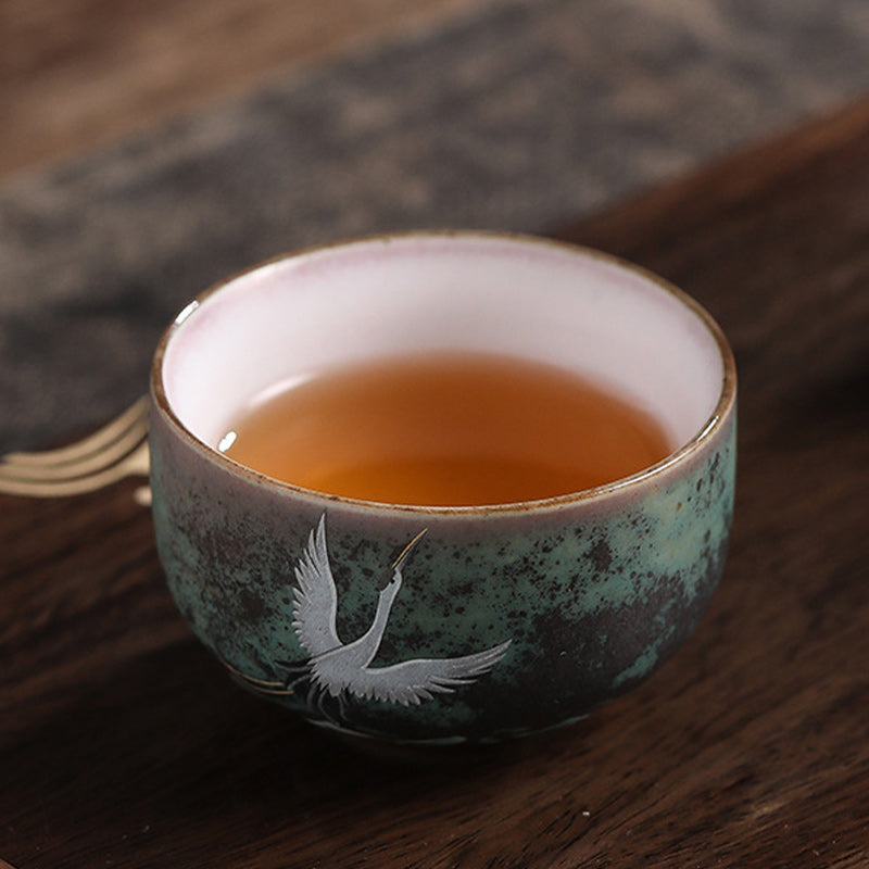 Taza de té de cerámica con grulla auspiciosa de Buddha Stones , tazón de taza de té de Kung Fu