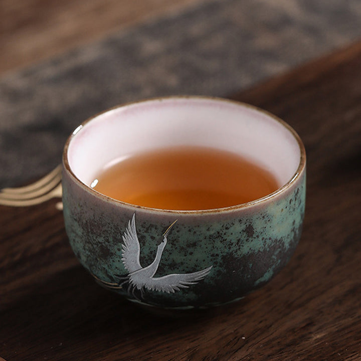 Taza de té de cerámica con grulla auspiciosa de Buddha Stones , tazón de taza de té de Kung Fu