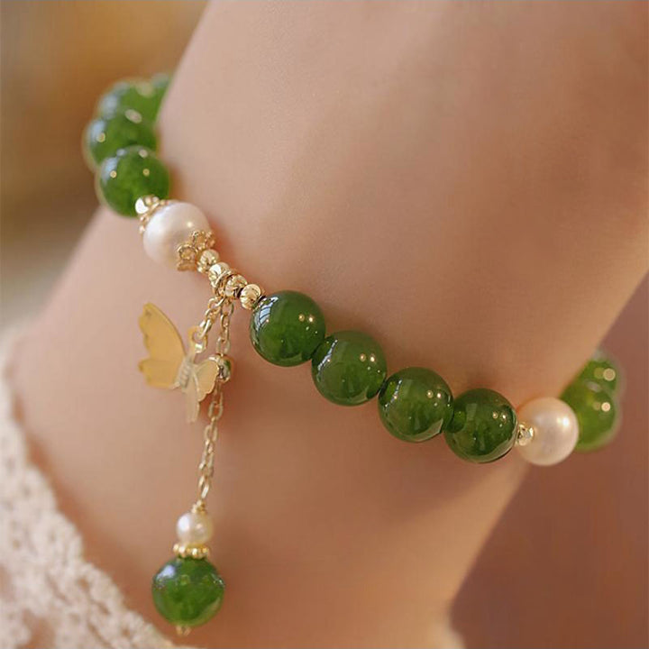 Pulsera de fuerza de coraje de mariposa con perlas de calcedonia verde natural de Buddha Stones