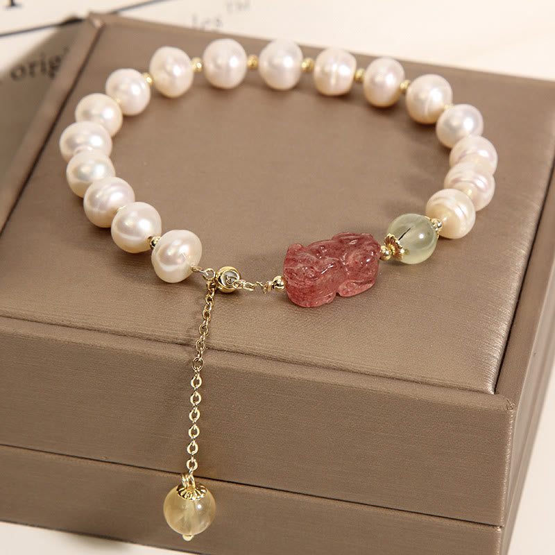Pulsera con dijes de optimismo PiXiu, cuarzo fresa, perlas naturales , Buddha Stones - Cuarzo fresa Pearl&PiXiu - image 0