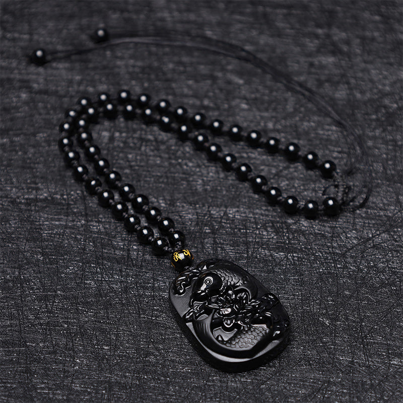 Colgante de collar con cuentas de fuerza de loto de pez Koi de obsidiana negra natural con Buddha Stones