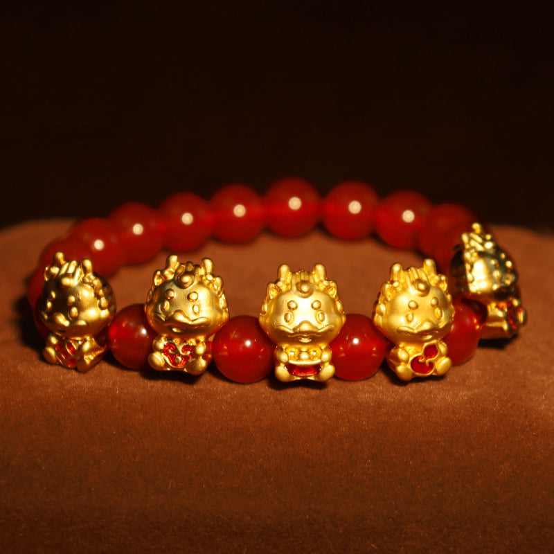 Buddha Stones Año del Dragón Ágata Roja Natural Moneda de Cobre Pulsera de Protección de Personajes Fu