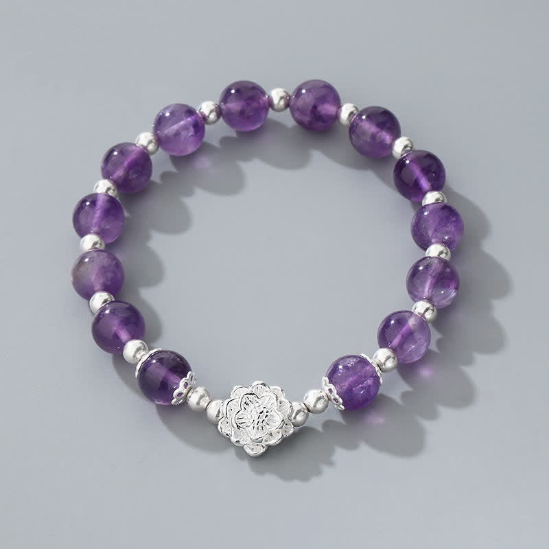 Pulsera espiritual de loto de amatista natural de plata de ley 925 con Buddha Stones