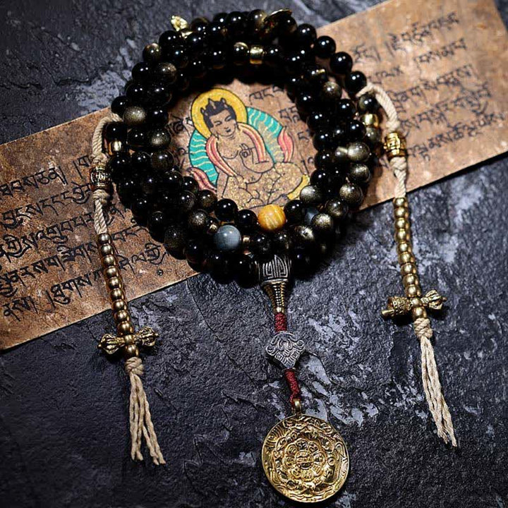 Pulsera de riqueza de piedra de ojo de águila de ojo de tigre de obsidiana con brillo dorado de 108 cuentas Mala