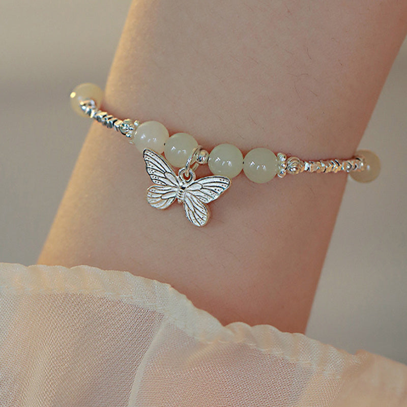 Pulsera con dije de mariposa de la suerte de jade hetiano natural de plata de ley 925 con Buddha Stones