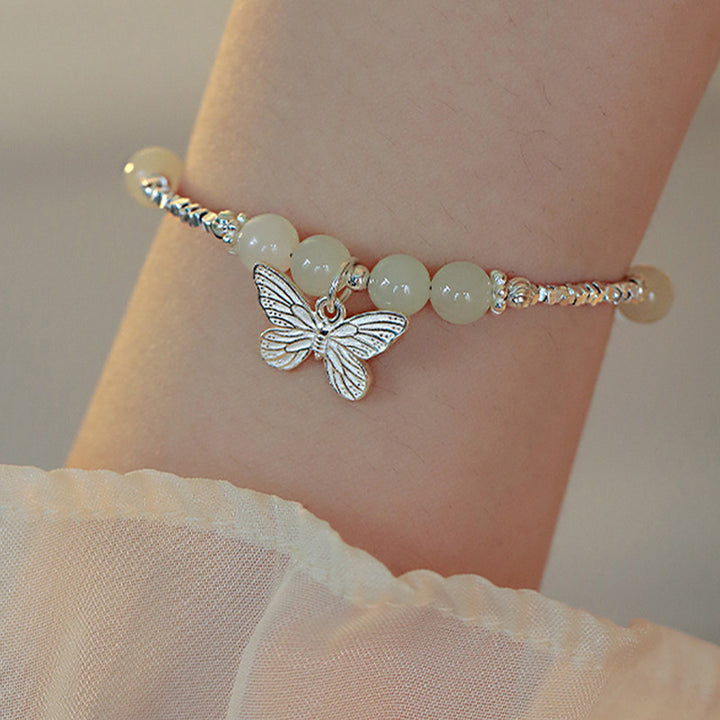 Pulsera con dije de mariposa de la suerte de jade hetiano natural de plata de ley 925 con Buddha Stones