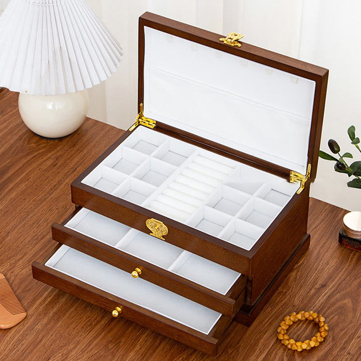 Caja de joyería de madera retro con Buddha Stones, caja de almacenamiento de joyas de tres capas
