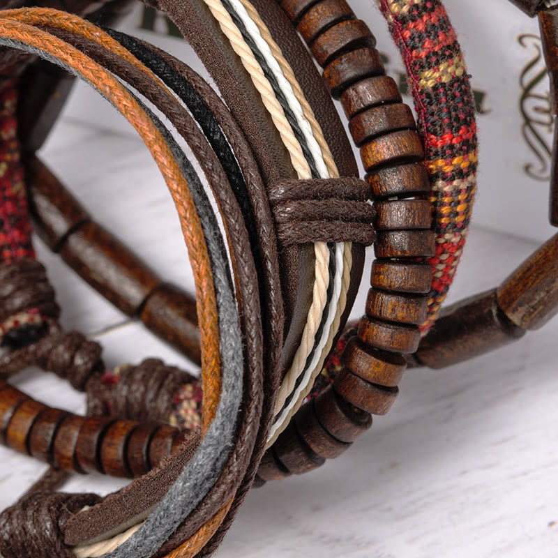 Pulsera de cuero con cuentas de madera y cordones de cáñamo envueltos con Buddha Stones