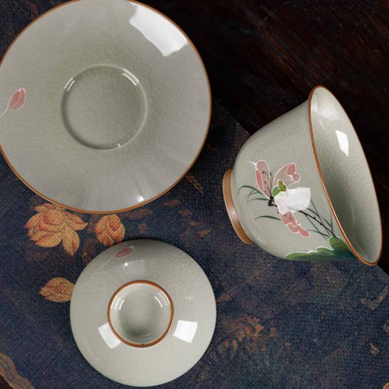 Buddha Stones, loto, pez Koi, hoja de vaina, taza de té de cerámica Gaiwan Sancai, taza de té de Kung Fu y platillo con tapa de 140ml
