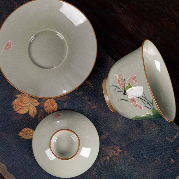 Buddha Stones, loto, pez Koi, hoja de vaina, taza de té de cerámica Gaiwan Sancai, taza de té de Kung Fu y platillo con tapa de 140ml