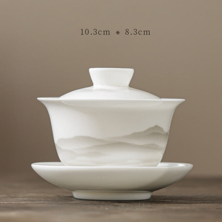 Buddha Stones Pintura De Tinta Vintage Montaña Porcelana Blanca Cerámica Gaiwan Sancai Taza De Té Kung Fu Taza De Té Y Platillo Con Tapa Utensilio De Té Tetera