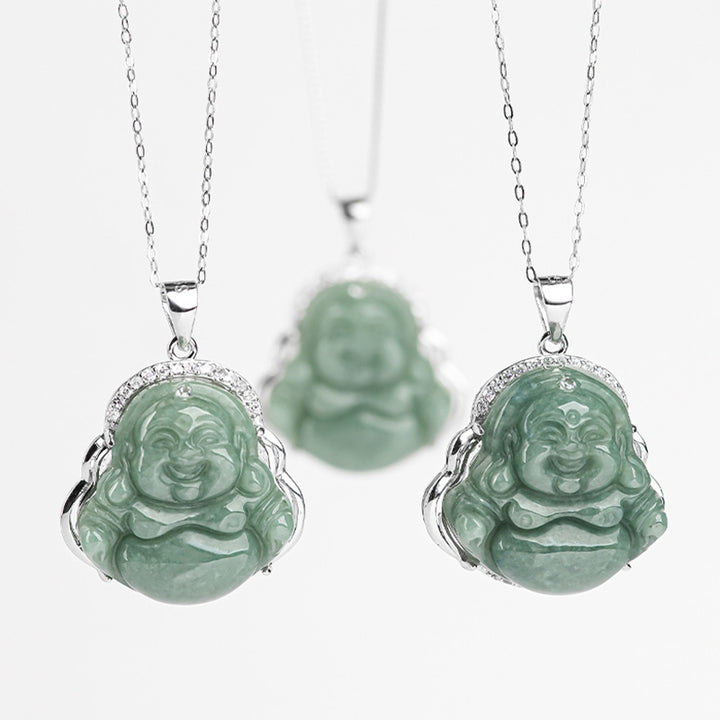 Collar con colgante de cadena de jade de Buda sonriente de plata de ley 925 con Buddha Stones - image 11