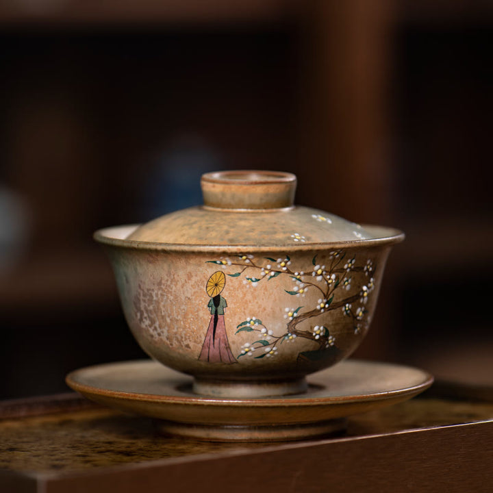 Buddha Stones Jingdezhen Pintado A Mano Ru Horno Porcelana Hanfu Niña Flor Cerámica Gaiwan Sancai Taza De Té Kung Fu Taza De Té Y Platillo Con Tapa