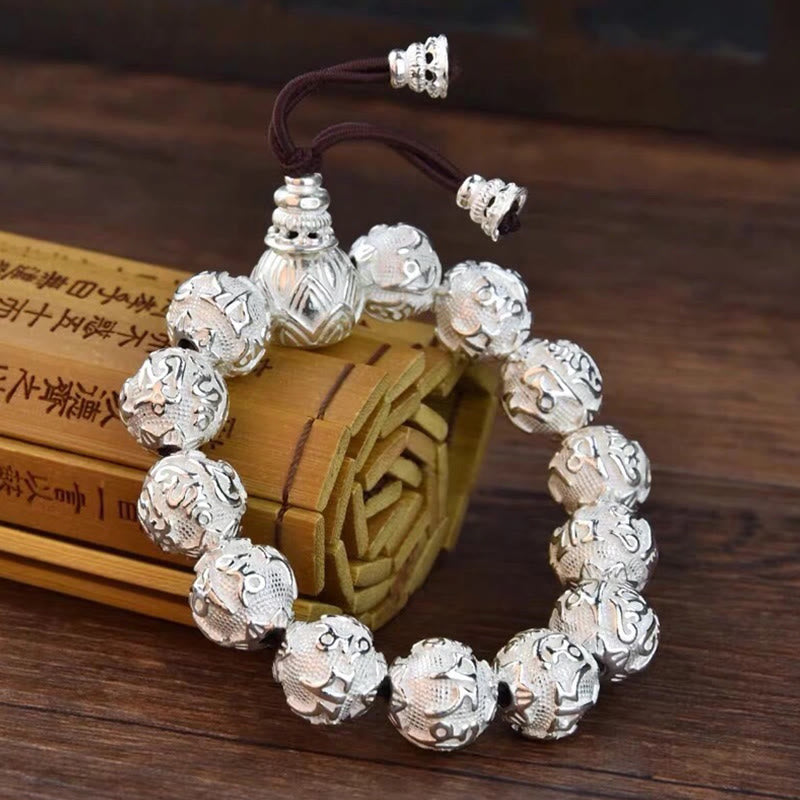 Pulsera de amuleto de cuentas de aleación tallada Om Mani Padme Hum tibetano con Buddha Stones