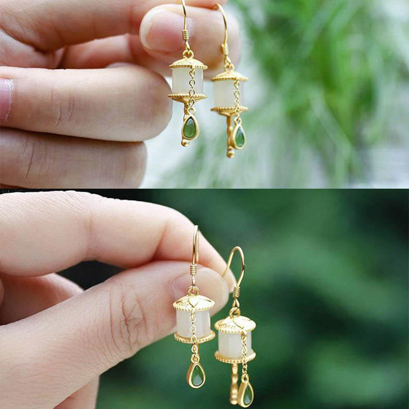Pendientes colgantes de la suerte con rueda de oración de jade de plata de ley 925 con Buddha Stones