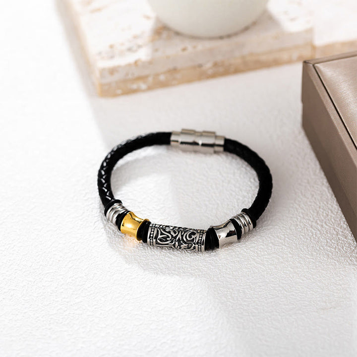 Pulsera de cuero con hebilla de acero inoxidable de la suerte con diseño de flores de la dinastía Tang de Buddha Stones