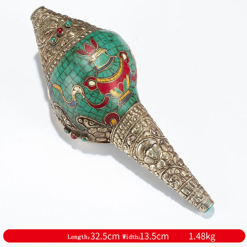 Tibetano hecho a mano Shankha Om Mani Padme Hum Buda Avalokitesvara turquesa Concha decoración positiva - Jarrón de ocho símbolos auspiciosos (32,5 x 13,5 cm) - image 27