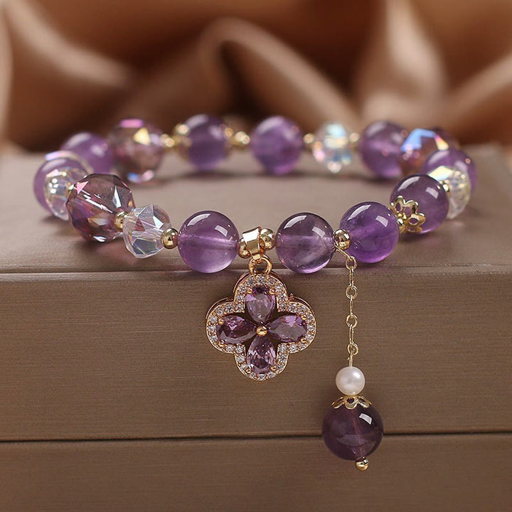 Pulsera de curación espiritual con trébol de cuatro hojas y cristal de amatista natural con Buddha Stones