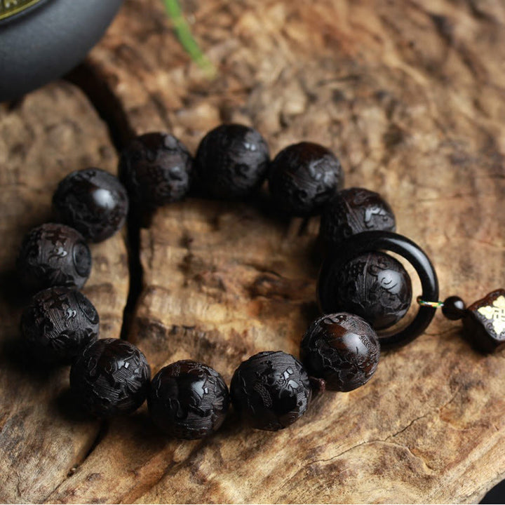Pulsera de equilibrio de calabaza grabada con Buddha Stones , madera de ébano, carácter chino, Yin Yang