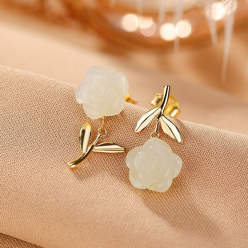 Pendientes de la suerte con perlas de jade cian y flor de rosa de jade chapado en plata de ley 925 con Buddha Stones