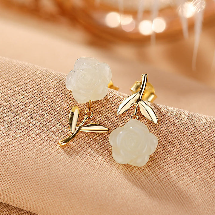 Pendientes de la suerte con perlas de jade cian y flor de rosa de jade chapado en plata de ley 925 con Buddha Stones