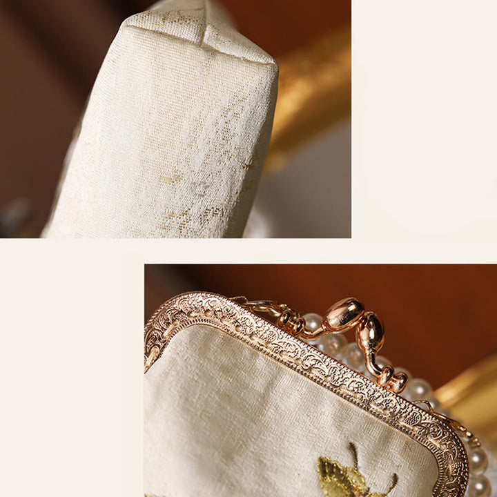 Bolso bandolera con cadena de metal y perlas bordadas con mariposas y flores pequeñas de Buddha Stones, bolso cruzado para teléfono móvil