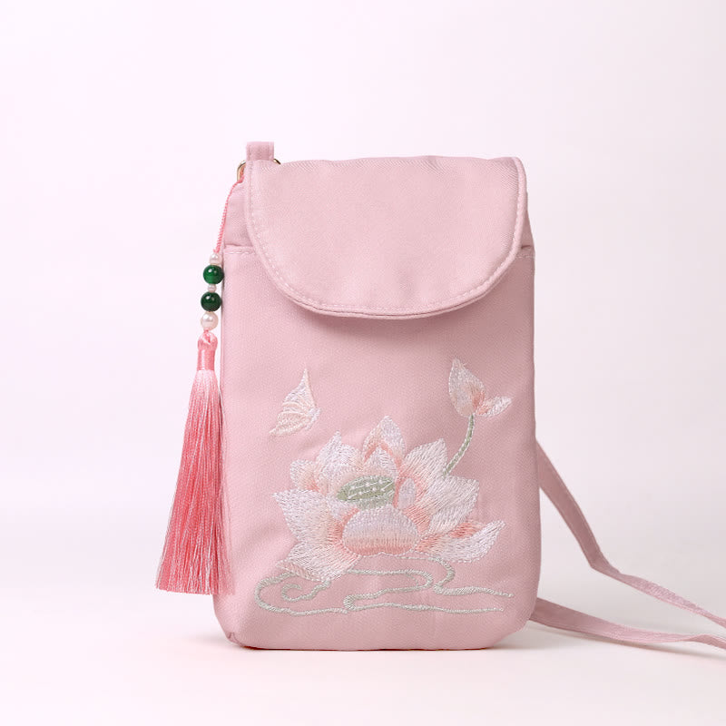 Bolso bandolera con flores bordadas pequeñas y Buddha Stones, bolso de hombro, bolso para móvil de doble capa