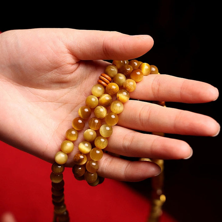 Pulsera con borlas de protección Dorje de cobre y ojo de tigre Natural, 108 cuentas de Mala , Buddha Stones