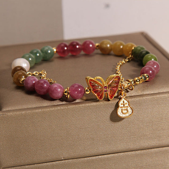 Pulsera positiva con abalorio de calabaza, turmalina colorida Natural, mariposa, carácter auspicioso, Buddha Stones