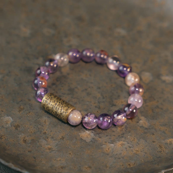 Buddha Stones Cristal blanco Cuarzo hematoide rojo Cuarzo rutilado dorado Pulsera de protección fantasma púrpura