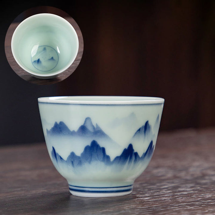 Taza de té de cerámica pequeña con Buddha Stones, paisaje azul, montañas, loto, lindos pabellones de gatos, Magnolia Reed Egrets, taza de té de Kung Fu