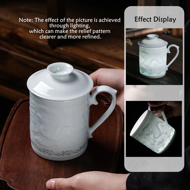Buddha Stones Jingdezhen Linglong porcelana auspiciosa dragón Fénix barco navegación suave taza de té de cerámica tazas de té de oficina 420ml