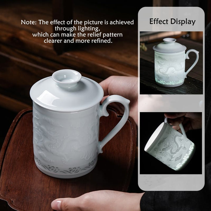 Buddha Stones Jingdezhen Linglong porcelana auspiciosa dragón Fénix barco navegación suave taza de té de cerámica tazas de té de oficina 420ml