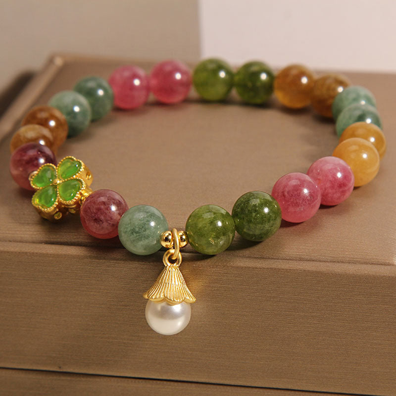 Pulsera de la sabiduría de la flor del trébol de cuatro hojas de la turmalina colorida de las Buddha Stones