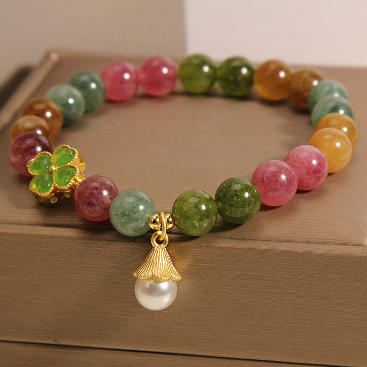 Pulsera de la sabiduría de la flor del trébol de cuatro hojas de la turmalina colorida de las Buddha Stones