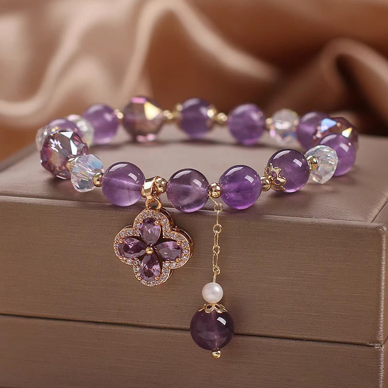 Pulsera de curación espiritual con trébol de cuatro hojas y cristal de amatista natural con Buddha Stones