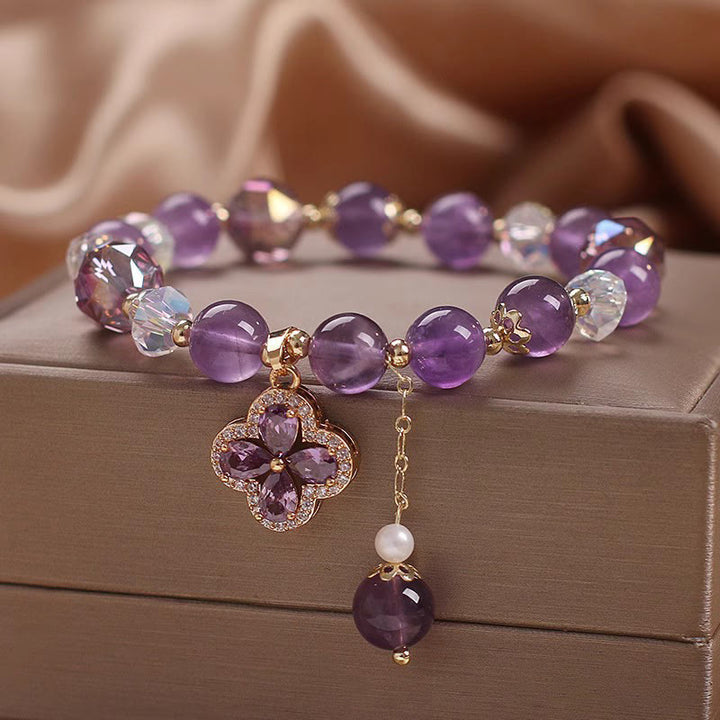 Pulsera de curación espiritual con trébol de cuatro hojas y cristal de amatista natural con Buddha Stones