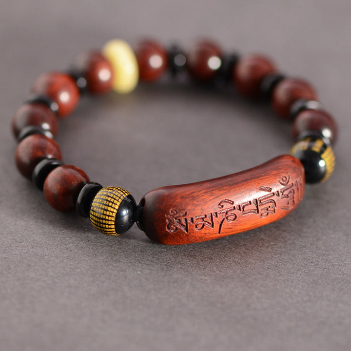 Pulsera de protección grabada con Buddha Stones, hoja pequeña, sándalo rojo, Om Mani Padme Hum