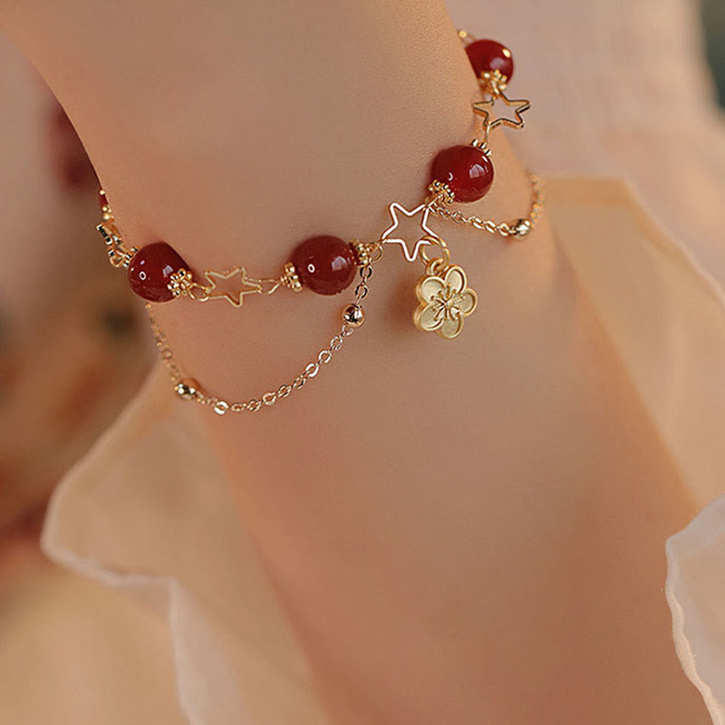 Pulsera tranquila con dije de flor de estrella de ágata roja chapada en oro de 14 Buddha Stones
