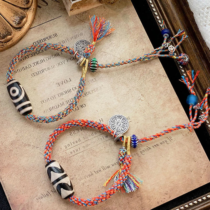 Pulsera trenzada de protección de cuentas Dzi hecha a mano Om Mani Padme Hum de plata de ley 925 tibetana