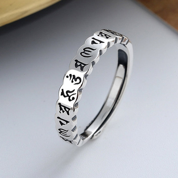 Anillo de sabiduría tranquila con seis palabras verdaderas de plata de ley 925 con Buddha Stones
