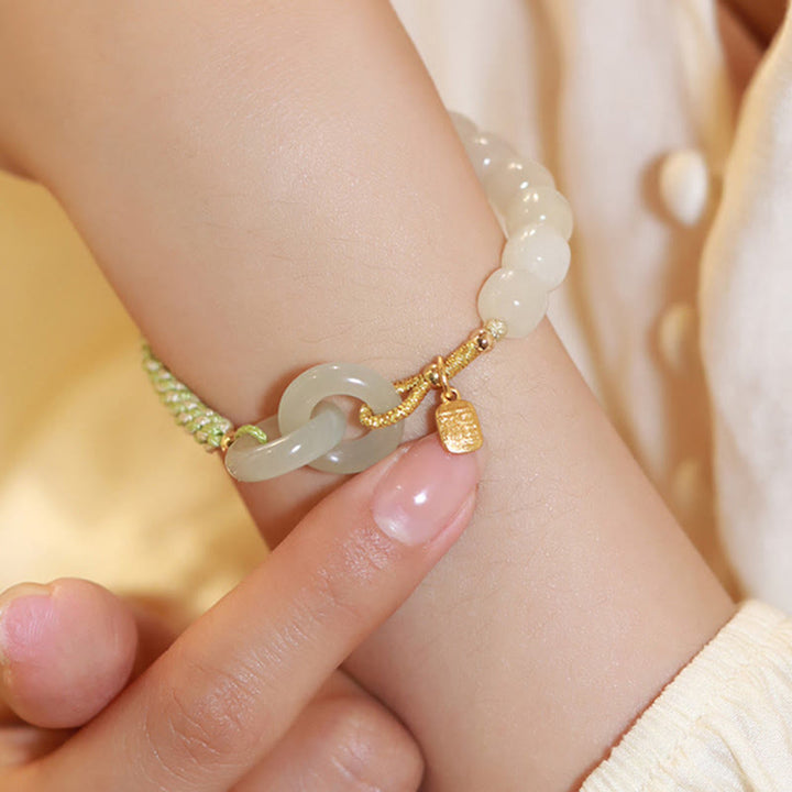 Pulsera trenzada con doble hebilla de paz y cuentas de jade hetiano natural, Buddha Stones, carácter Fu, abundancia