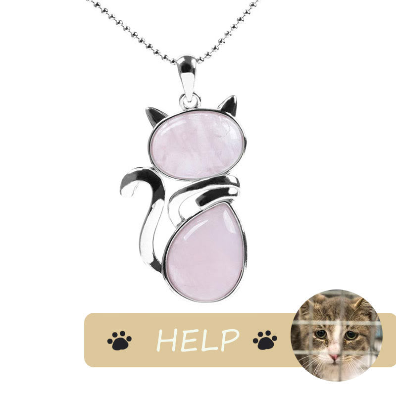 Save A Cat; Lindo patrón de gato Protección de cristal natural Collar con colgante amante de los gatos - image 8
