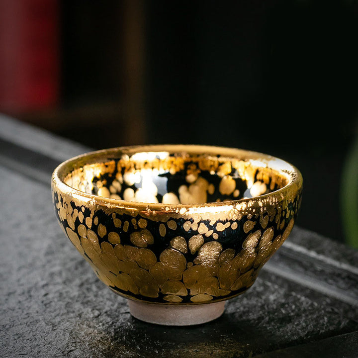 Taza de té de cerámica Jianzhan chino con diseño de manchas de oro de 24K, Buddha Stones , tazón de taza de té de Kung Fu con caja de regalo