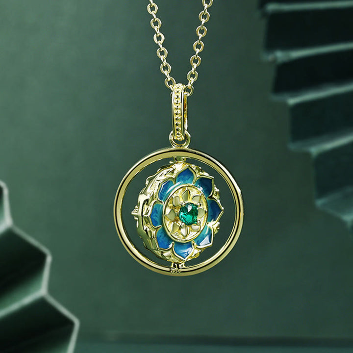 Colgante de collar giratorio con iluminación de circonita floral con flor de loto de Plata de Ley 925 con Buddha Stones - image 1