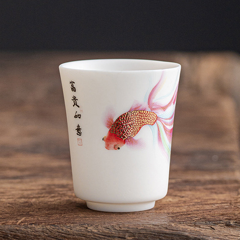 Taza de té de cerámica de porcelana blanca, pez Koi, Buddha Stones, taza de té de Kung Fu