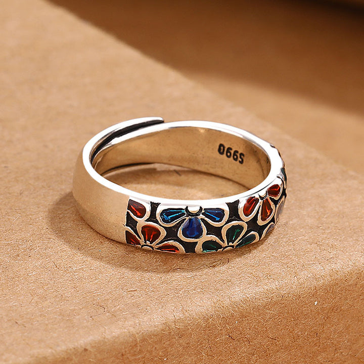 Anillo ajustable de cobre curativo con diseño de flores de ciruelo coloridas y Buddha Stones
