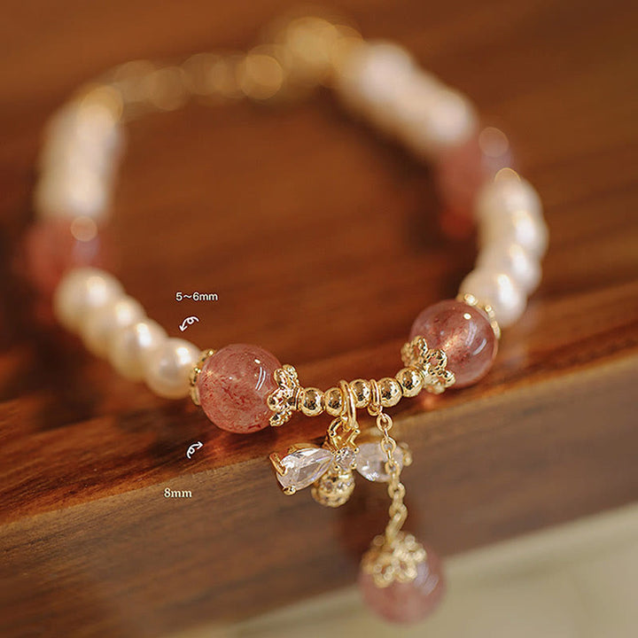 Pulsera con dije de abeja y miel curativa de cuarzo fresa y perlas naturales con Buddha Stones
