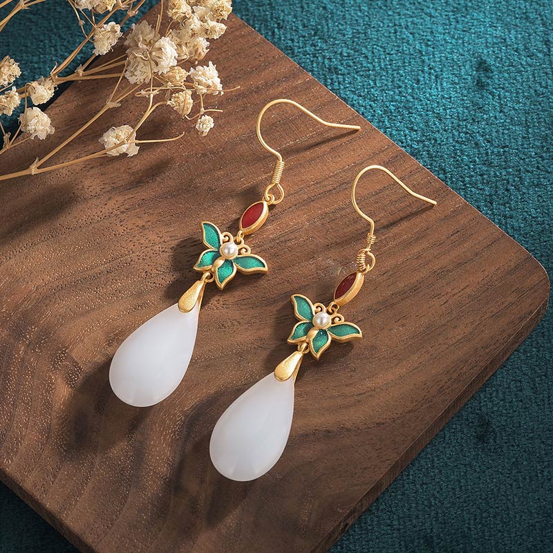 Pendientes colgantes de la suerte de jade blanco FengShui con Buddha Stones